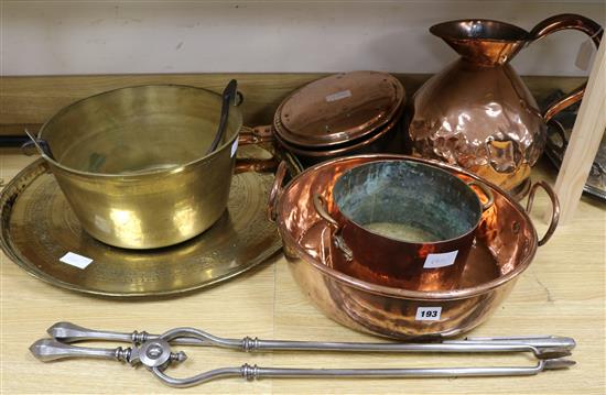 A quantity of Victorian and later copper and a pair of fire irons